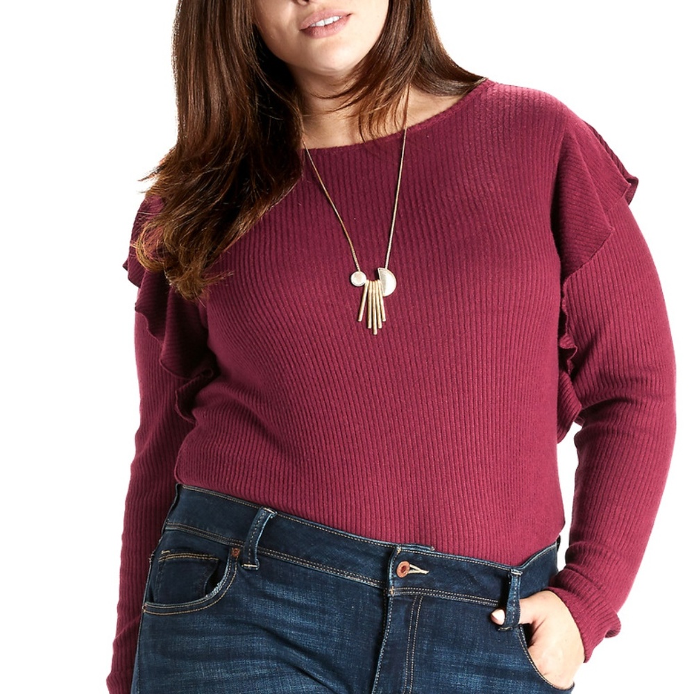 LUCKY BRAND Burgundy Red Ribbed Ruffle Sweater Top